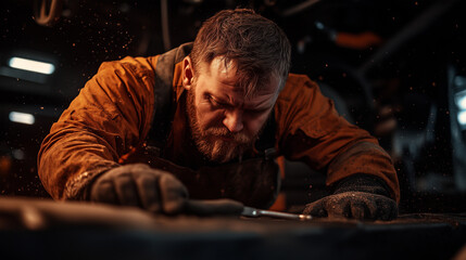 Skilled worker repairs machinery in a workshop during evening hours with strong focus and dedication to the task at hand