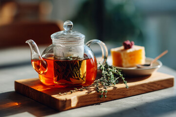 A glass teapot with tea and herbs on a wooden board, next to a slice of cheesecake