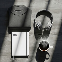High-angle flat lay of winter arc essentials: a 2026 planner, silver over-ear headphones, a charcoal base layer, and a steaming coffee mug on grey wood.