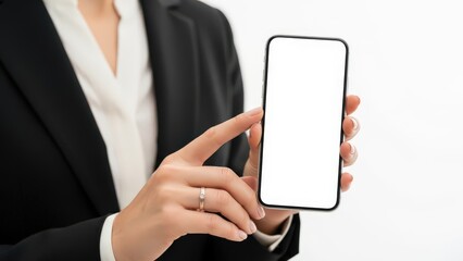 Businesswoman holding smartphone with blank screen.