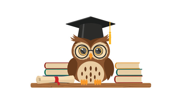 Wise scholarly owl wearing a classic graduation cap and spectacles, perched atop a stack of books alongside a rolled diploma, symbolizing academic success.