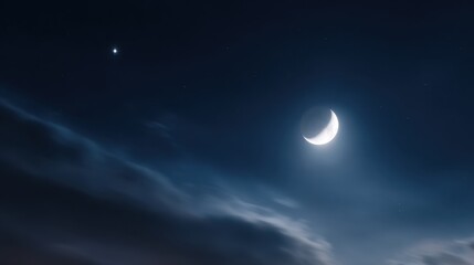 Obraz premium Night sky at dusk with a bright crescent moon, a lone star, and wispy clouds over a calm horizon. Quiet night