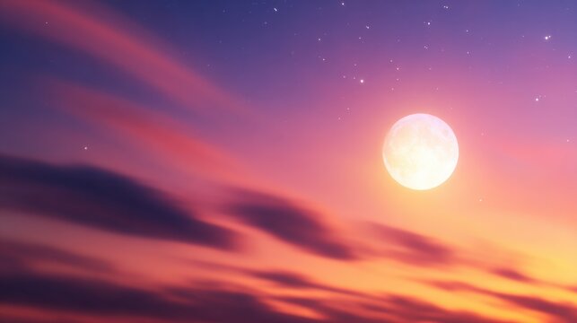 Vibrant twilight sky with a luminous full moon, flowing pink-orange clouds, and a calm starry backdrop serene - Powered by Adobe