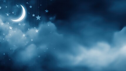 Night sky with crescent moon, twinkling stars, and soft blue clouds drifting across a dark, serene backdrop.!!