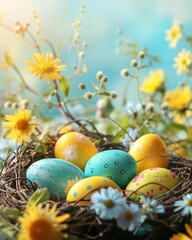 Cozy Easter Composition with Painted Eggs and Flowers

