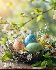 Spring Easter Nest with Painted Eggs