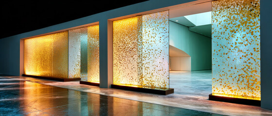 A series of glass panels with a yellow and gold speckled effect, backlit by warm lighting in an indoor setting