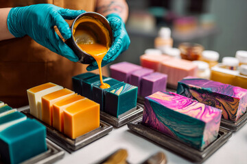 A person pouring a yellow substance into colorful soap bars in the process of making marbled soaps