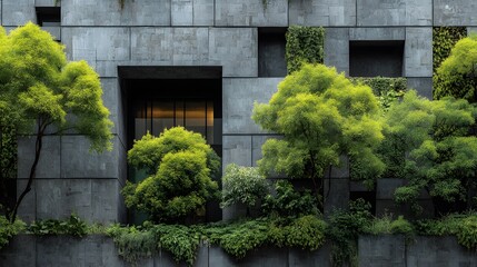 Vertical garden on a modern building facade displays lush greenery and plants growing on the wall in a sustainable architecture style.
