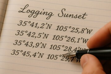 Hand with a fountain pen logging geographical coordinates of a sunset in a personal diary or travel logbook on lined paper