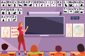 Woman Teacher Teaching Students in Modern Classroom, Modern Education Concept with Woman Teacher and Students