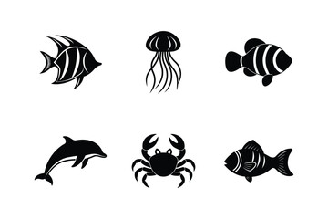 Vector Set of Ocean Animal Silhouettes. Set of Black Silhouettes of Ocean Animals. Vector Set of Fish Silhouettes
