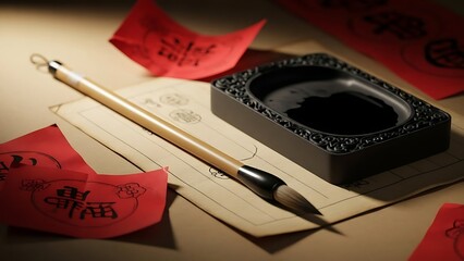 Traditional Chinese calligraphy tools with red envelopes and paper
