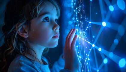 Curious child explores glowing digital network, symbolizing future of technology and connectivity
