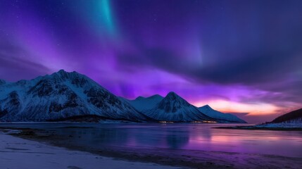 Aurora drapes a snowbound valley and lake; violet and emerald ribbons reflect on glassy water under night sky