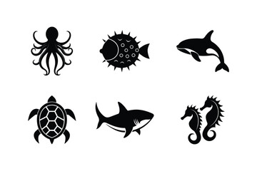 Vector Set of Ocean Animal Silhouettes. Set of Black Silhouettes of Ocean Animals. Vector Set of Fish Silhouettes
