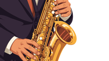 Obraz premium Close-up of a musician's hands skillfully playing a golden saxophone, highlighting the intricate details of the instrument and performance.