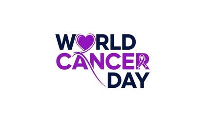 World Cancer Day logo with purple ribbon and heart symbol representing awareness and support for cancer patients isolated on white
