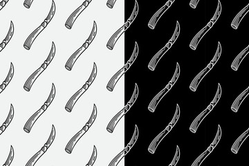 Sickle knife engraving seamless pattern on black white background set for gardening. Curved knife hatching pattern background for park. Karambit knife line art motif wallpaper for outdoor