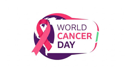 World Cancer Day logo with pink ribbon and globe symbolizing global awareness and support for cancer research and prevention