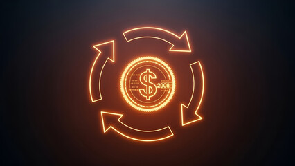 Dynamic Digital Financial Cycle A Modern Visual Representation of Money Flow and Economic Exchange with Glowing Neon Arrows and Dollar Icon