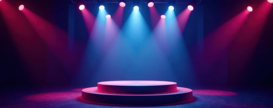 Bright stage spotlights illuminate empty podium , theater, flash