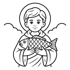 Obraz premium Young boy holding a fish isolated on white background, Vector, illustration