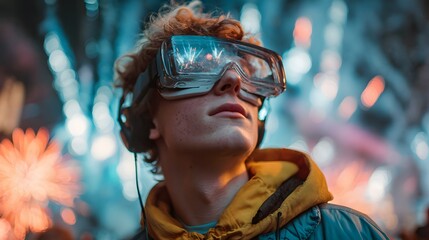 Obraz premium Young man wearing a VR headset looks up in awe with neon reflections on the visor against a background of fireworks and city lights.