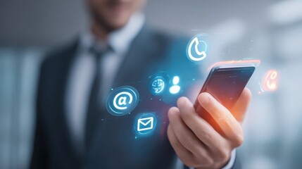 Man using smartphone with network icons