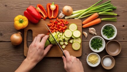 Hands chop zucchini on a wooden board amidst an array of fresh vegetables and seasonings including bell peppers onions carrots and various prepared herbs and spices