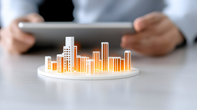 Businessman analyzing cityscape model on tablet in modern office setting - Powered by Adobe