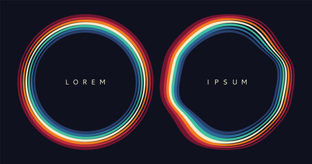 The colorful frame consists of multiple multicolored lines. Collection of abstract round shapes. Glow effect. Vector for brochure, poster, cover, card, flyer, banner, advertising or presentation.