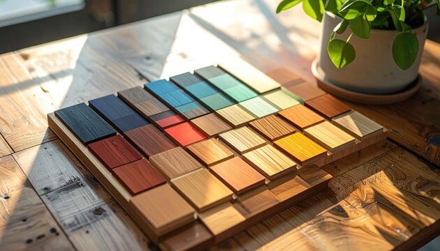 Square wood samples arranged on a table bathed in sunlight, beside a potted plant with blurred background