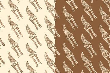Pruning shears engraving seamless pattern on tan beige background set for gardening. Garden hand shears hatching pattern background for outdoor. Garden clippers line art motif wallpaper for workshop
