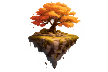 Floating island with autumn tree, orange leaves, and roots on a surreal rock formation, transparent background