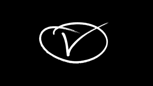 Hand drawn white checkmark inside an oval frame on black background featuring sketchy marker textures for creative business video presentations and task completion.
