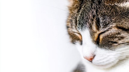 Peaceful cat nestled comfortably asleep on a soft white surface in a tranquil and cozy setting