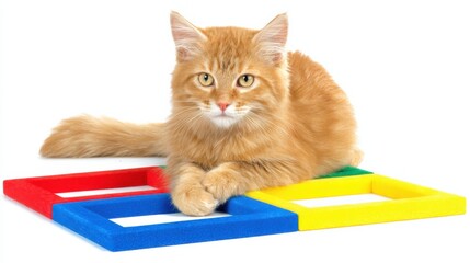 Cat comfortably laying on a colorful toy showcasing a strategic positioning concept with playful attitude