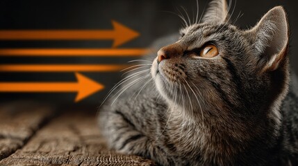 Cat intently gazing upward at an arrow in a symbolic representation of strategic alignment and future aspirations
