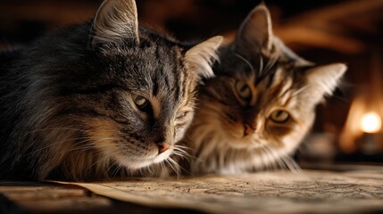 Two cats engaged in a strategic planning session on a table, discussing their roadmap for the day ahead