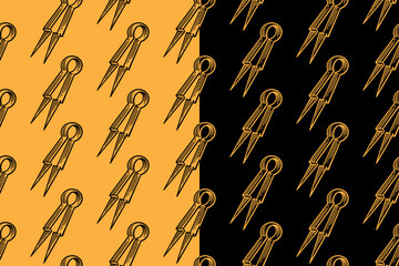 Seed tweezers engraving seamless pattern on yellow black background set for gardening. Seed tongs hatching pattern background for planting. Seed handling tool line art motif wallpaper for agricultural
