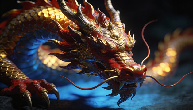 Majestic dragon with intricate golden scales and fierce expression, coiled gracefully against a dark background, showcasing mythical beauty and power in a stunning illustration - Powered by Adobe