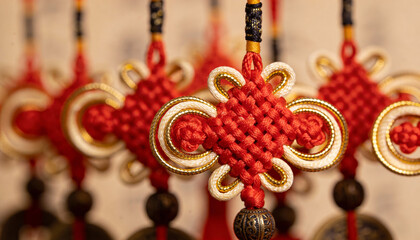 Intricate red decorative knots with golden accents are beautifully arranged, showcasing traditional craftsmanship and cultural significance in a vibrant display of artistry and heritage