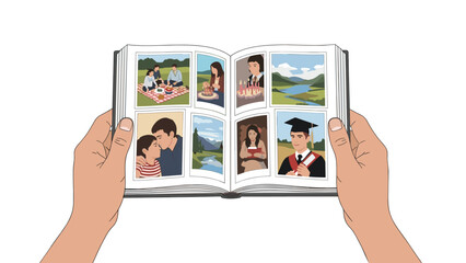Hands holding an open photo album filled with diverse family milestones, personal memories, and beautiful landscape photographs.