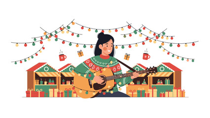 Cheerful woman playing an acoustic guitar amidst festive Christmas market stalls, illuminated by colorful string lights and scattered gifts.