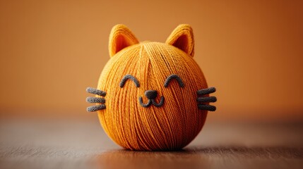 Adorable cat sculpted from colorful yarn sitting neatly beside a cozy desk with craft supplies all around
