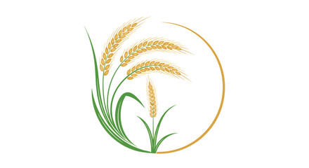 Golden wheat stalks and green leaves arranged in a circular frame representing organic farming and agriculture for natural food products.