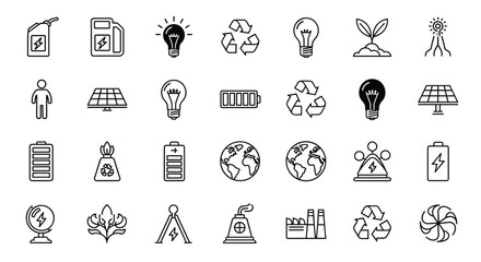 Fototapeta premium Large collection of diverse icons related to energy ecology and environment including solar panels wind turbines batteries and light bulbs.