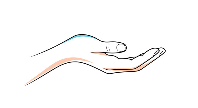 Elegant minimalist outline drawing of a human hand held open and upward as if receiving or offering something on a white background.