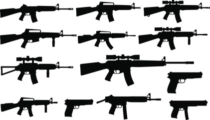 Tactical weapon silhouette set including assault rifles, sniper carbines, and semi-automatic pistols for military, law enforcement, shooting sports, and security force vector illustration © MDABDULLAHAL